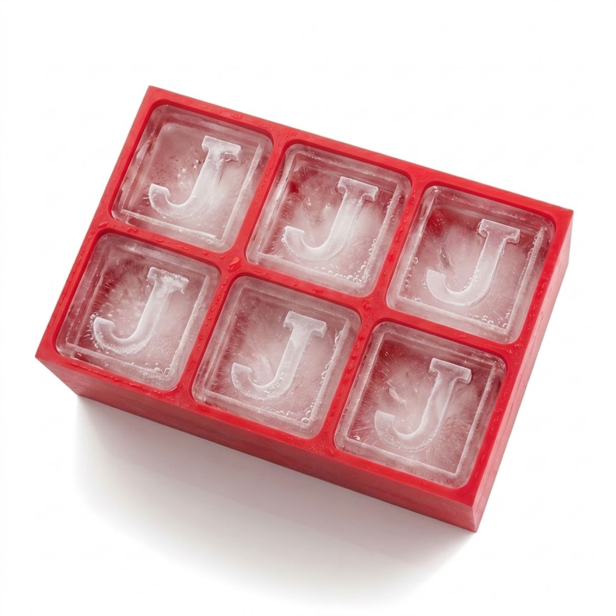 Striking red monogram ice tray featuring the letter J – fun, fiery, and personalised