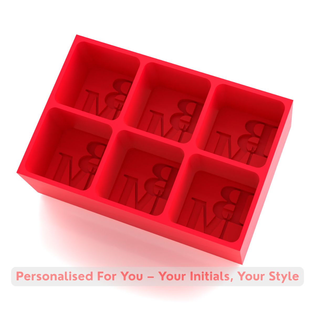 Vibrant red silicone ice tray featuring BM initials in six cube cavities, handmade in Australia for personalised whisky and cocktail experiences.