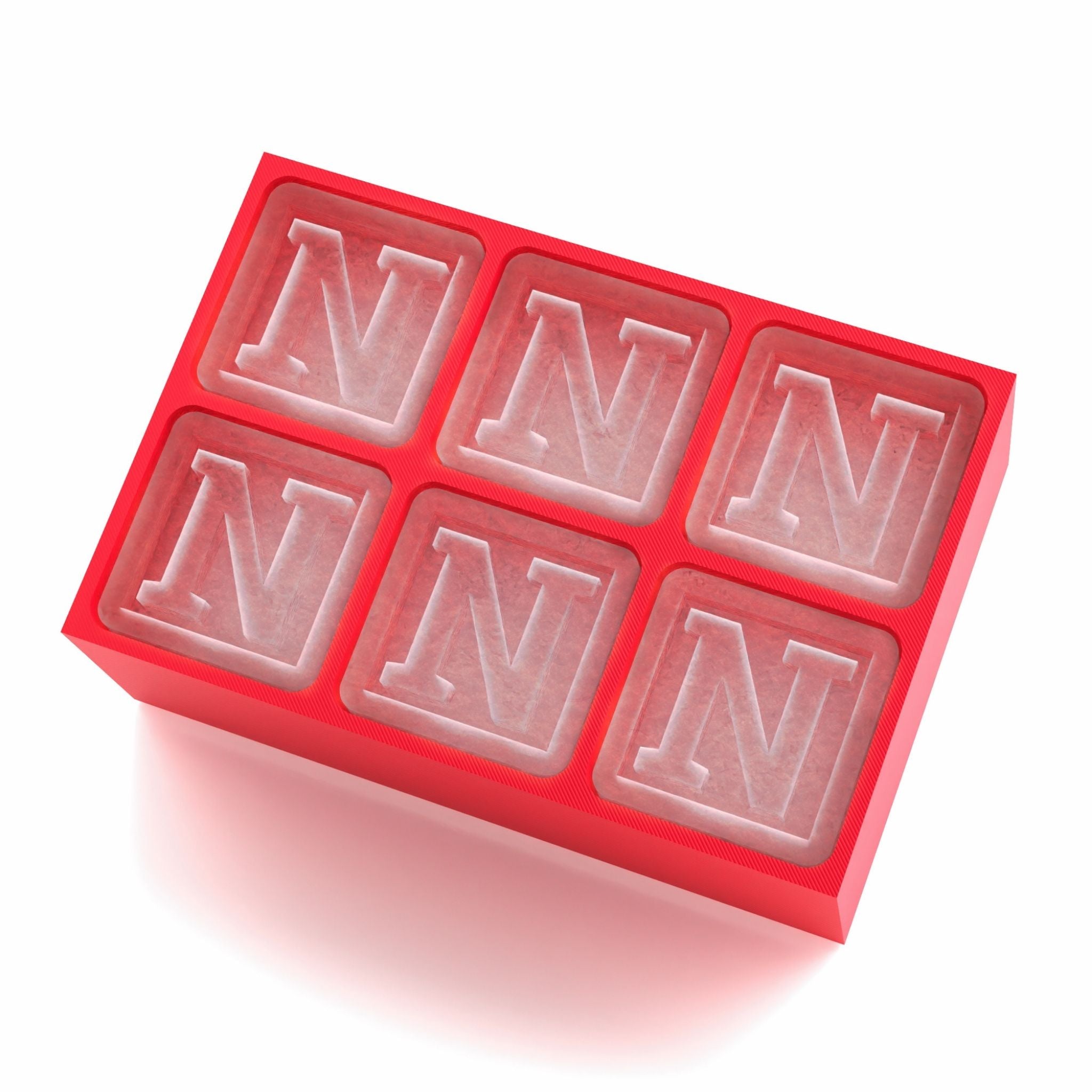 Striking red monogram ice tray featuring the letter N – fun, fiery, and personalised