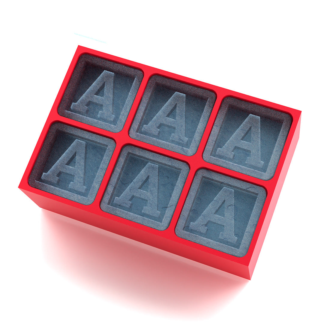 Red silicone ice cube tray featuring the letter A monogram in each cube – 6-cube personalised mould, perfect for birthday and gifting occasions