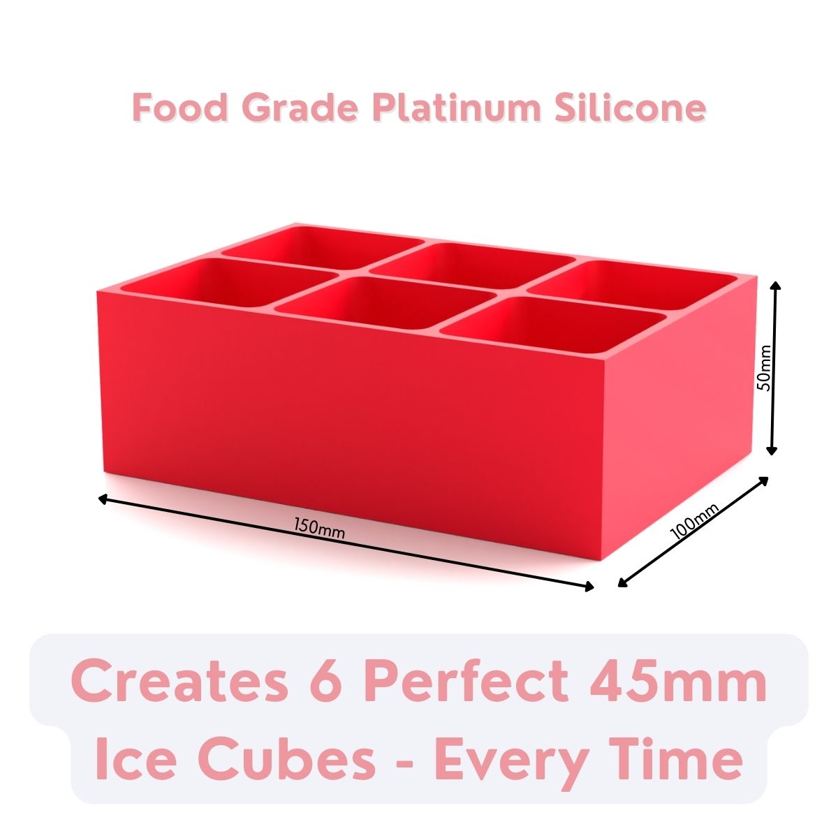 Vibrant red platinum-silicone ice tray, engineered to produce six 45 mm ice cubes with crisp edges, perfect for cocktails or gifts.