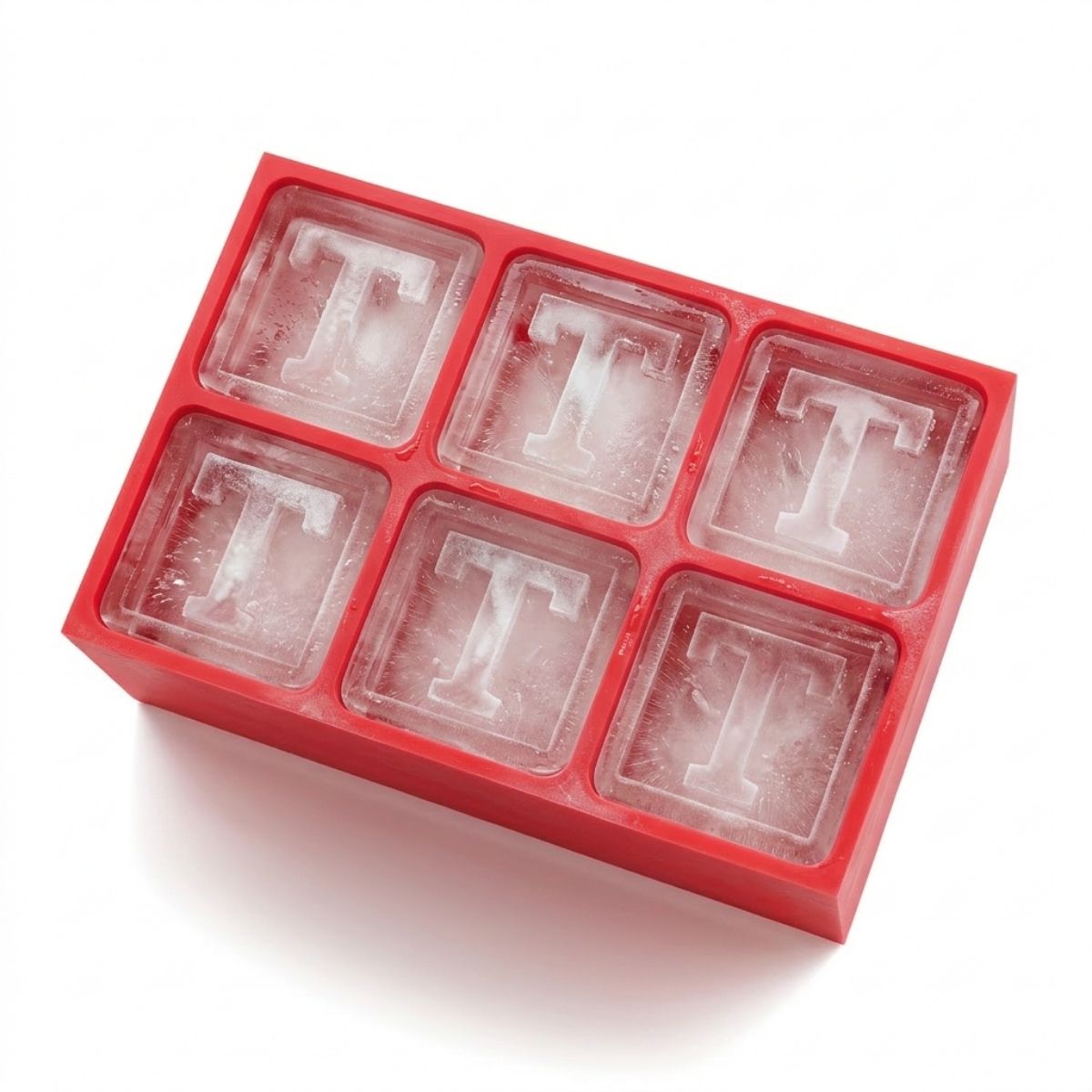 Striking red monogram ice tray featuring the letter T – fun, fiery, and personalised