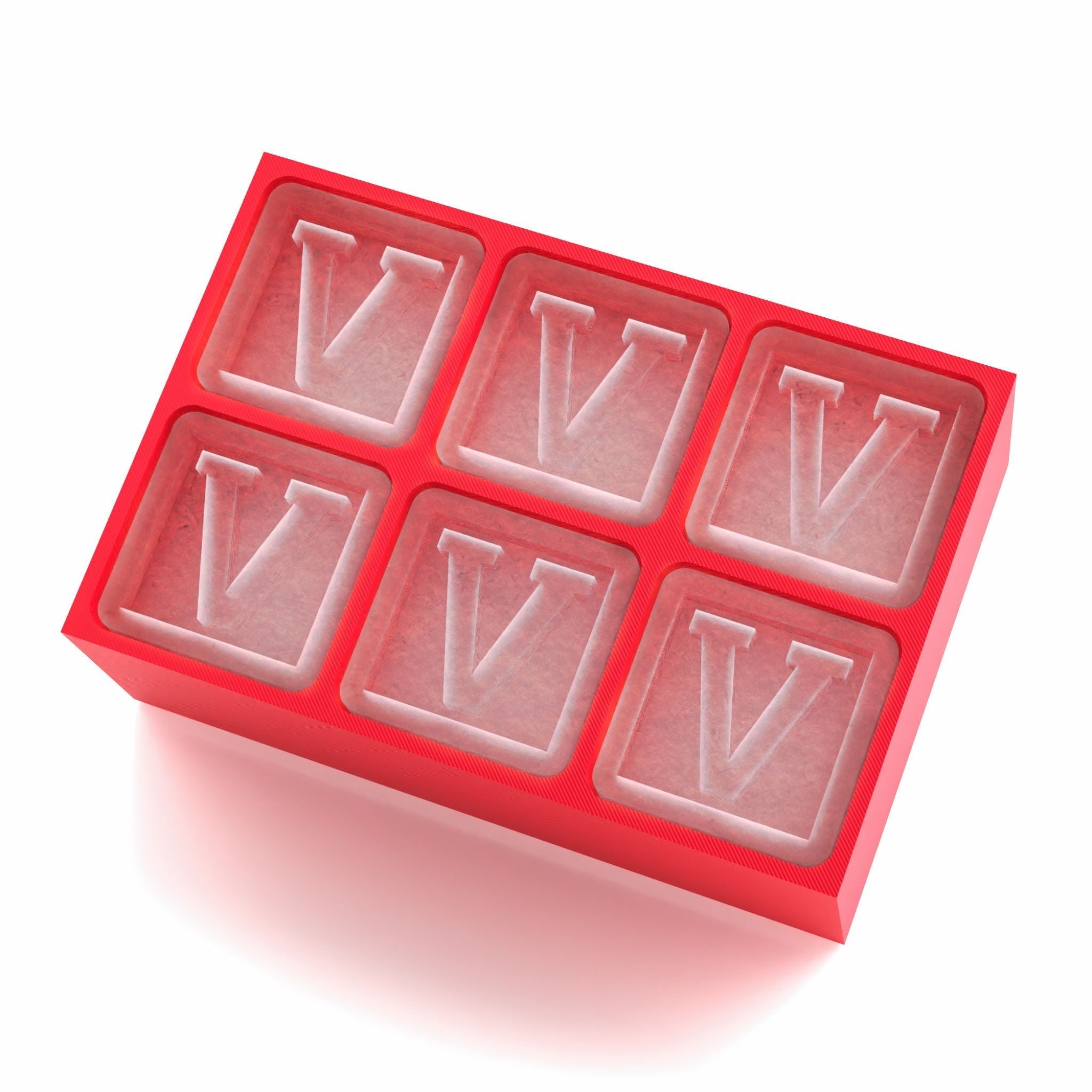Striking red monogram ice tray featuring the letter V – fun, fiery, and personalised