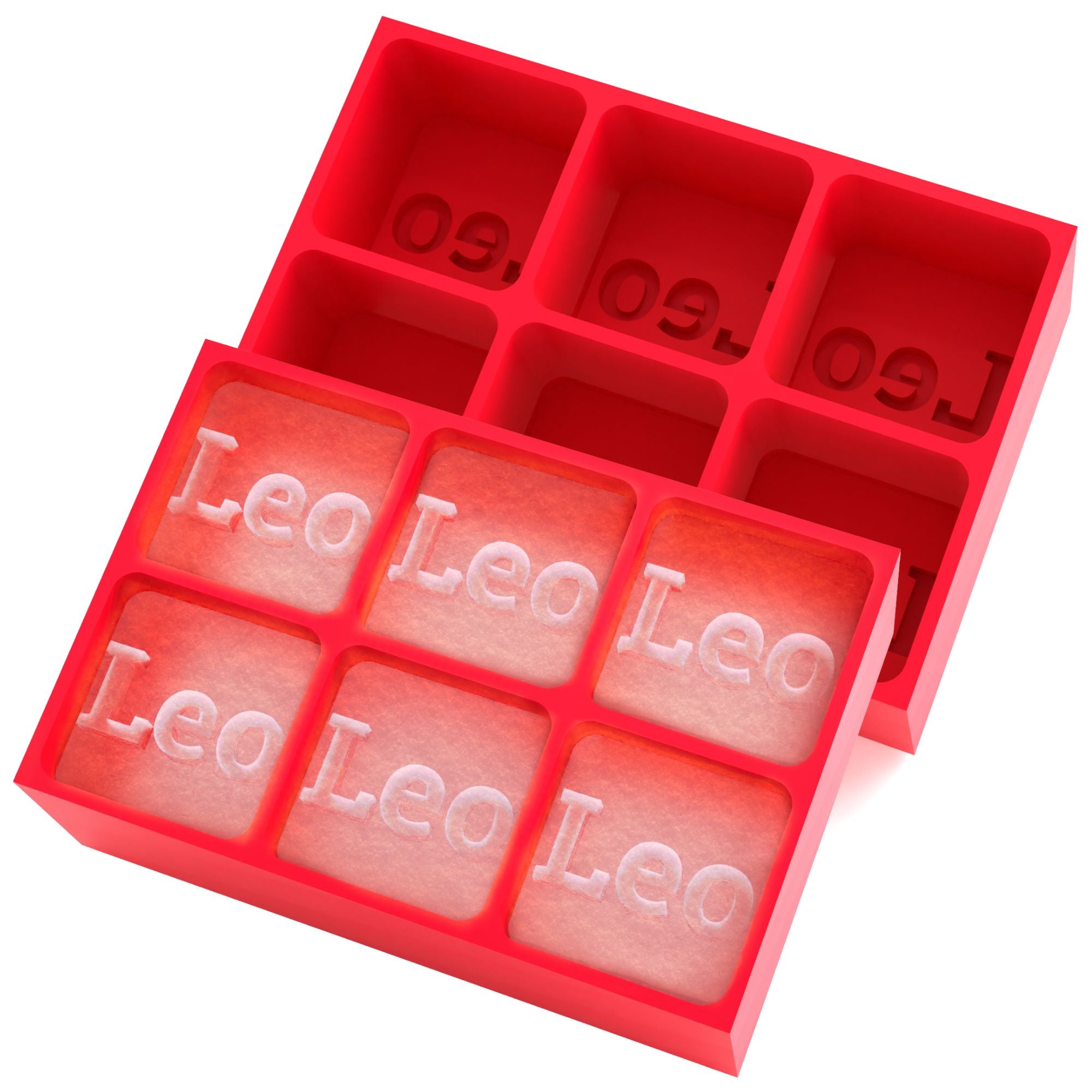 Bright red custom ice tray forming Leo cubes — unique handmade gift for birthdays, star signs, or personal celebrations.