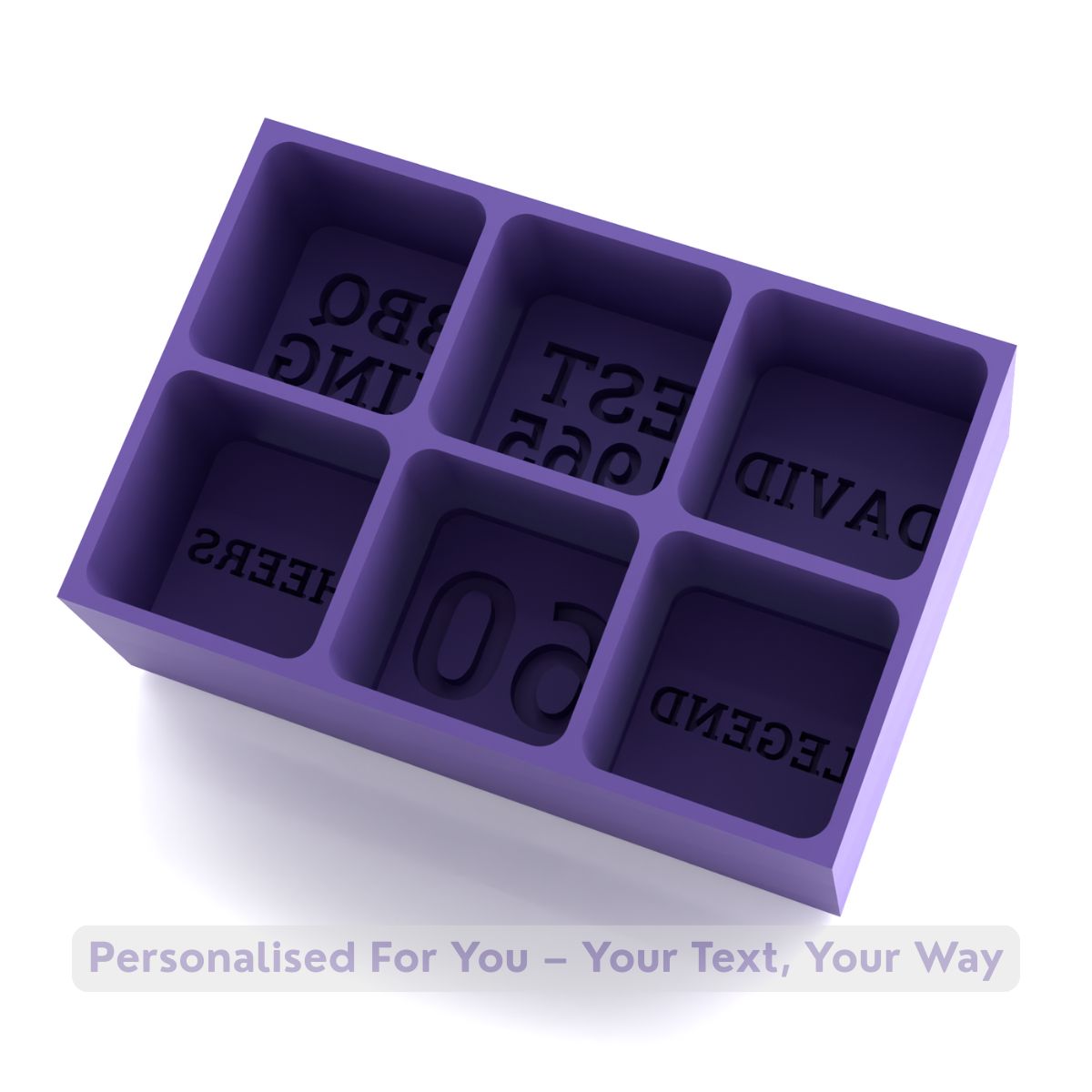 Rich-purple silicone tray casting six large cubes with engraved names or milestone numbers – great for anniversaries and cocktail nights.