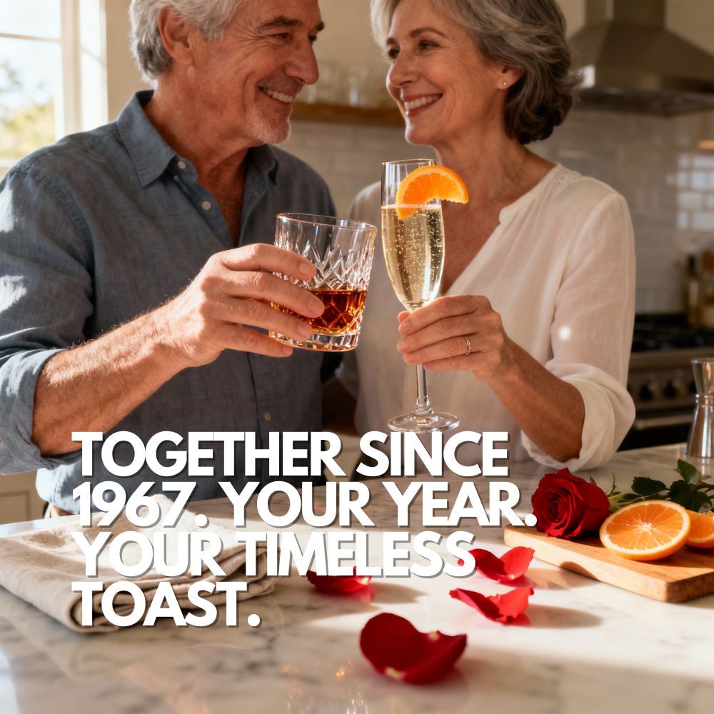 Mature couple in their late 50s sharing a warm toast in a sunlit kitchen, holding whiskey and champagne-orange cocktails with rose petals on a marble counter – celebrating love since 1967.
