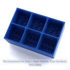 Royal blue platinum-silicone ice tray ready to freeze bride & groom initials and wedding year – lasting wedding memento.