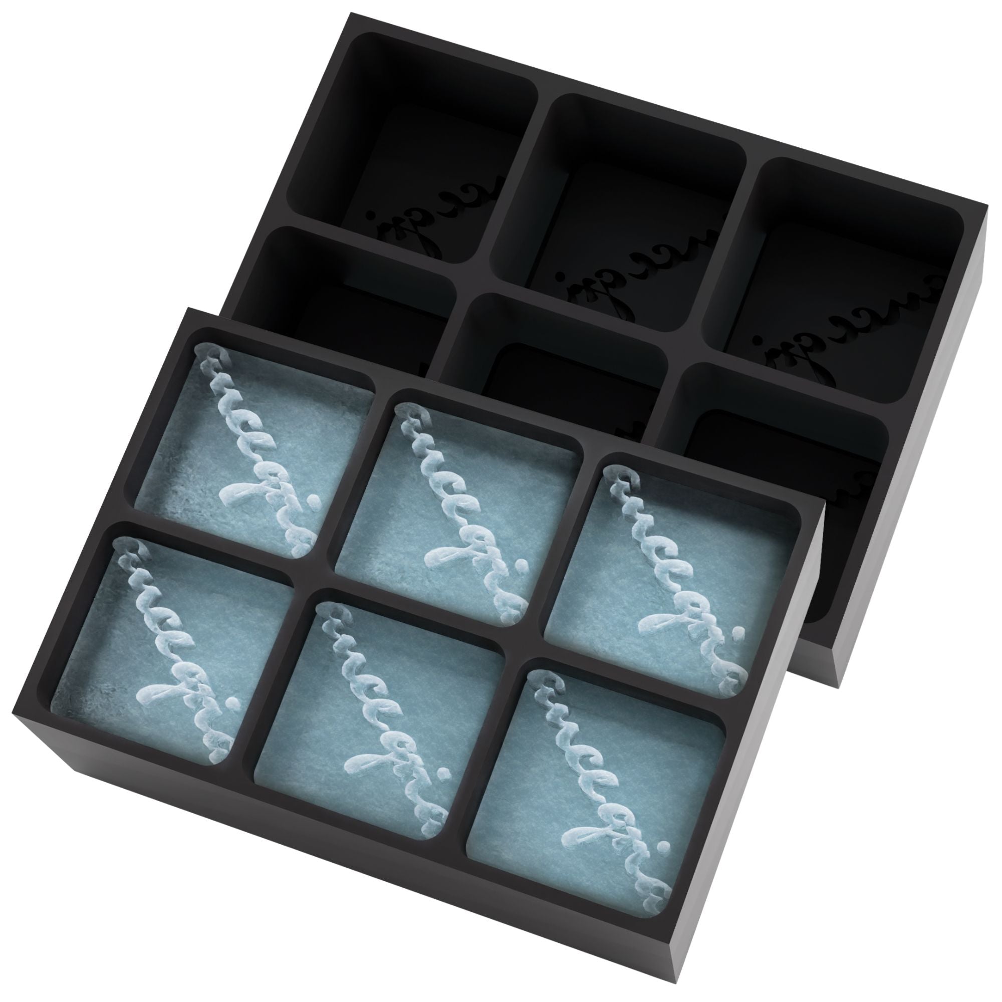 Black 6-cube tray with elegant script logo frozen into clear cubes — personalised promotional ice mould for drinks.