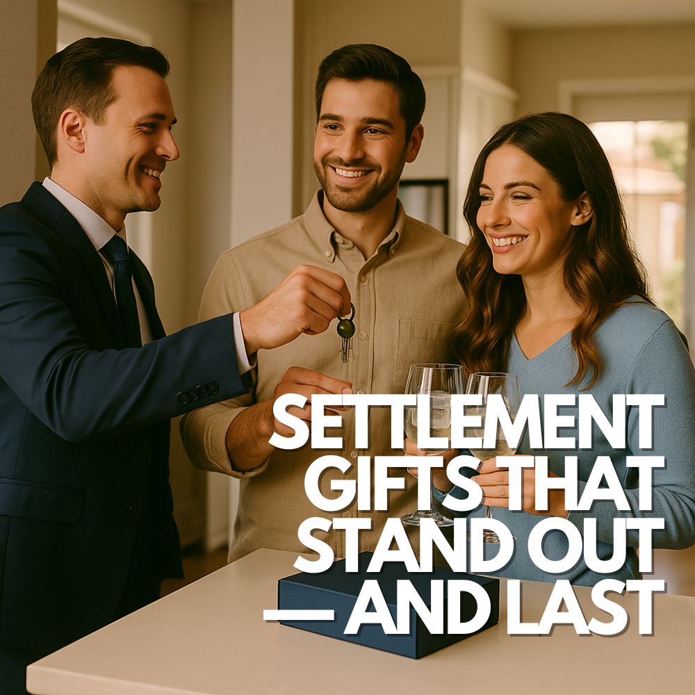 A professional real estate agent handing over house keys to a smiling young couple in their new modern home, while champagne glasses with clear square ice cubes and a premium gift box containing a 6-cube platinum silicone ice tray sit on the kitchen island, symbolising celebration and unique settlement gifting.