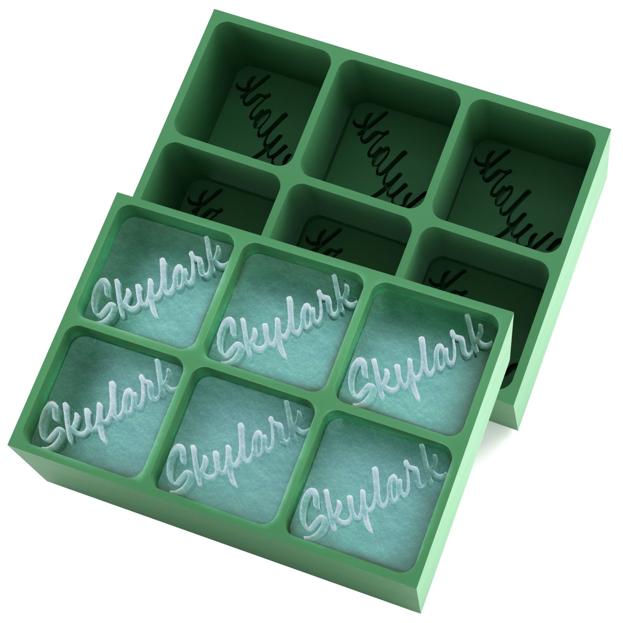 Green 6-cube silicone tray with Skylark script logo frozen into clear square ice cubes — promotional branded ice mould handmade in Australia.