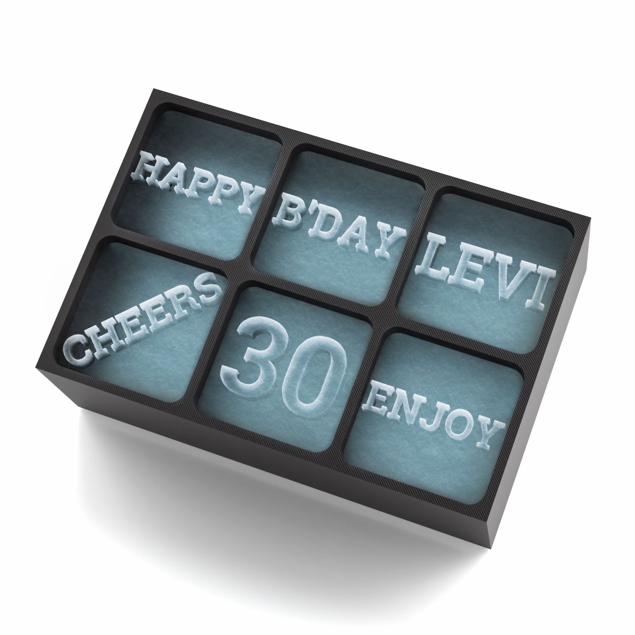 Black 6-cube ice tray with ice letters spelling out HAPPY B'DAY LEVI, 30, CHEERS, ENJOY – elegant birthday gift idea