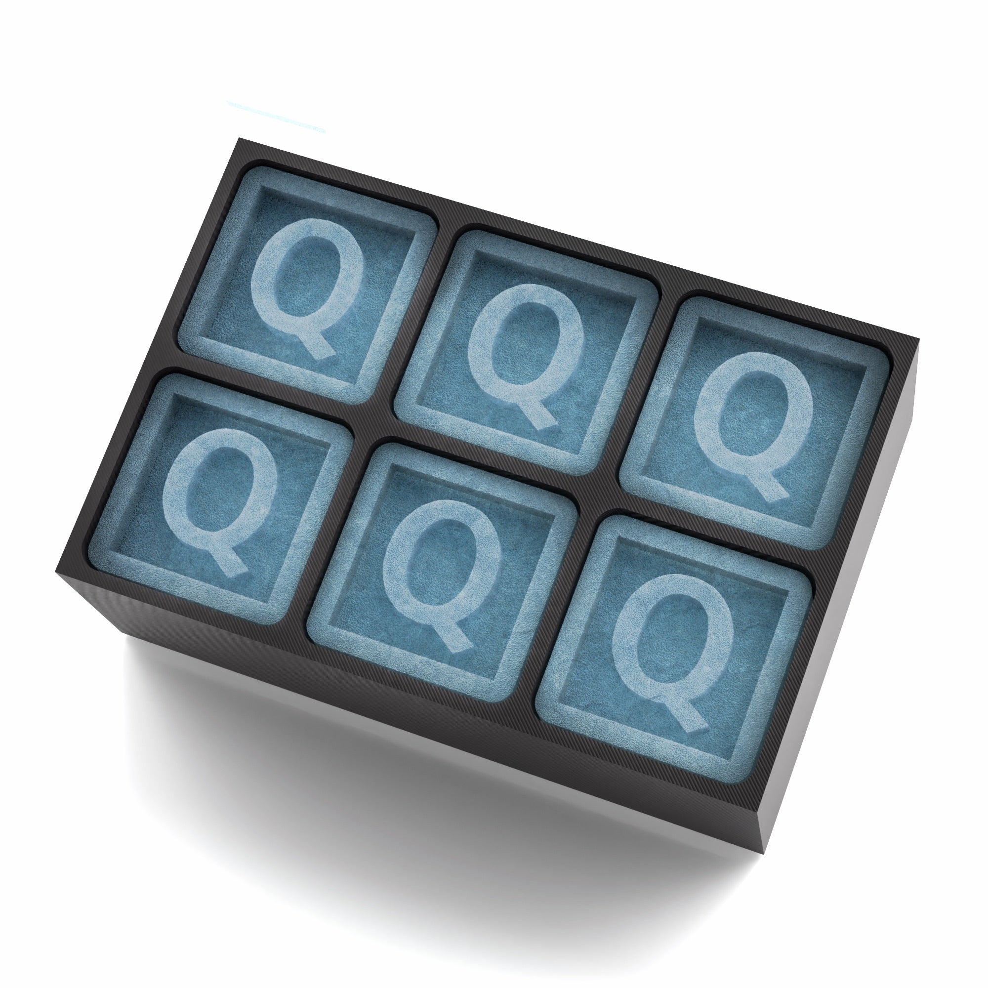 A premium black silicone ice tray moulding six large “Q” letter cubes. A stylish and unique gift for birthdays, anniversaries, and home bar lovers. Dishwasher safe, handmade, and designed for bold impressions.
