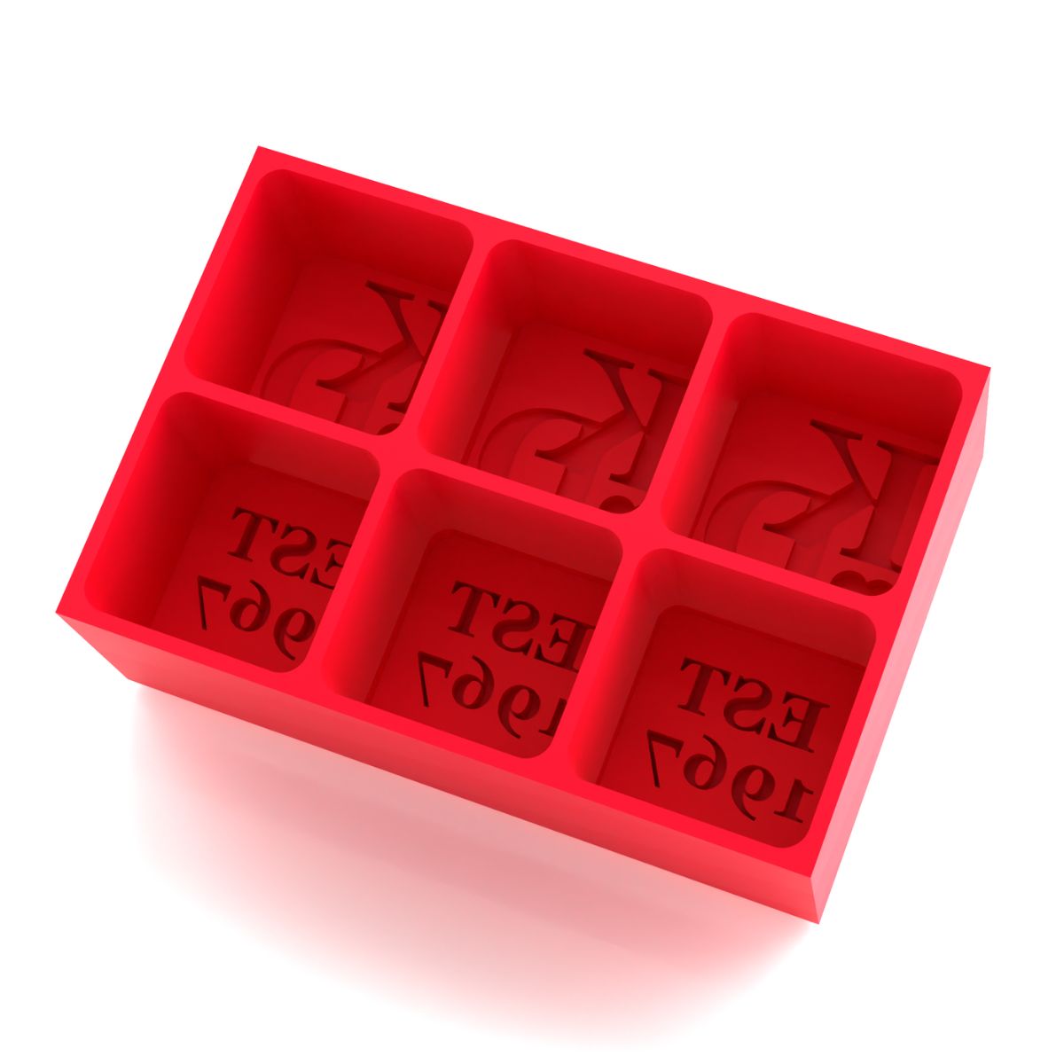 Red Valentines EST. Year ice cube tray in premium platinum silicone, ready to create six personalised cubes with couple initials and date.