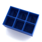 Royal-blue 6-cube platinum-silicone ice tray with Velora Stay leaf logo and wordmark moulded into the cavities; ideal for hotel welcome-drink branding.