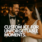 Bride and groom celebrating with custom ice in their drinks at a wedding reception – perfect for romantic keepsakes, custom bridal gifts, or wedding barware.