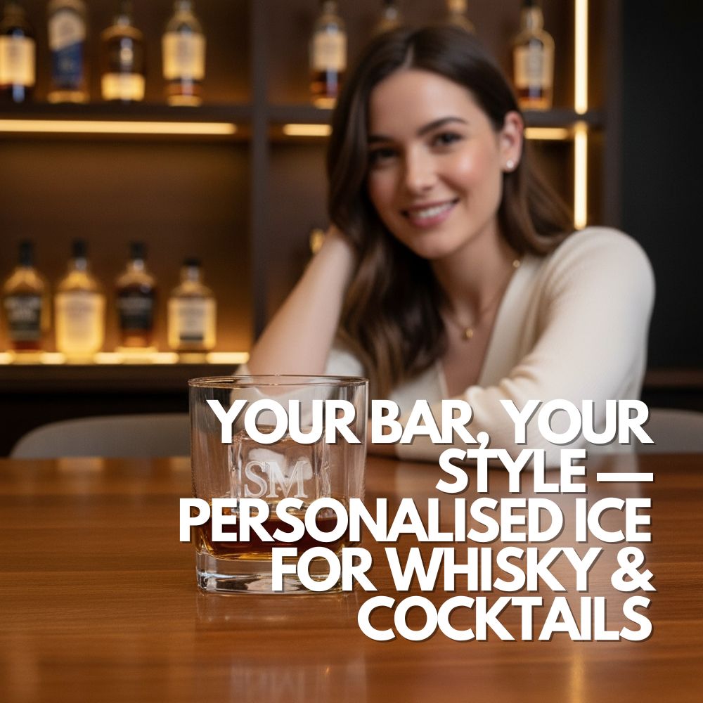 A stylish woman sits at a modern home bar, smiling beside a crystal glass of whisky featuring a large SM monogram ice cube. Overlay text reads “Your Bar, Your Style — Personalised Ice for Whisky & Cocktails.” Warm shelves of premium spirits glow in the background, creating an elegant and inviting atmosphere.