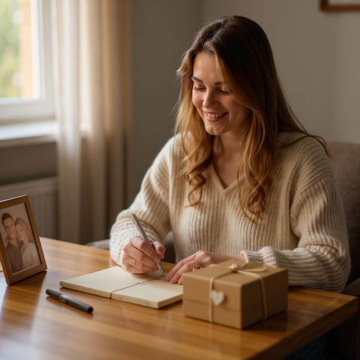 Woman writing a heartfelt message beside a wrapped gift for her long-distance boyfriend.