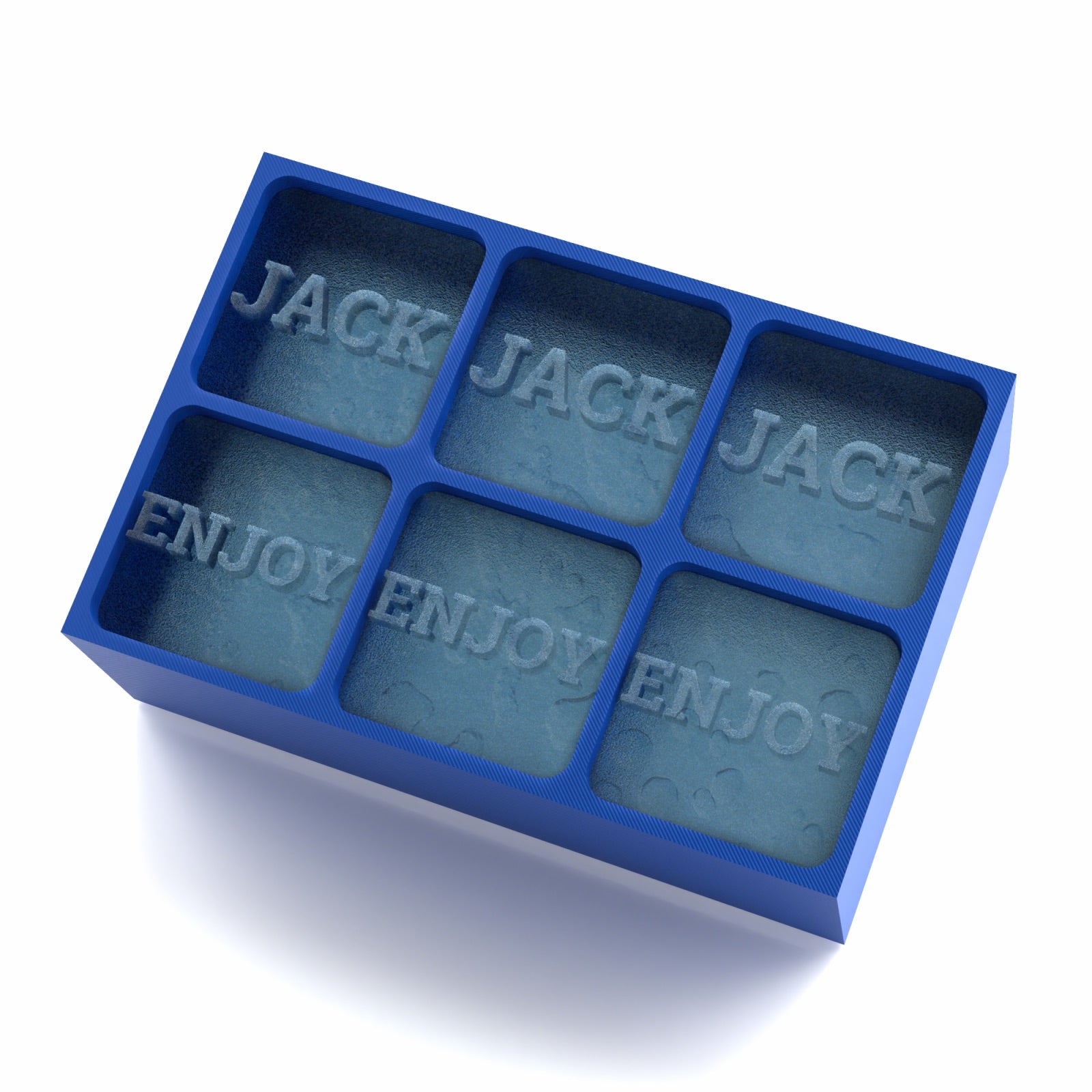 Blue 6-cube silicone ice tray with custom ice cubes featuring the words JACK and ENJOY