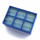 Blue personalised ice tray with HAPPY on each cube – handmade in Australia, great for birthdays or events