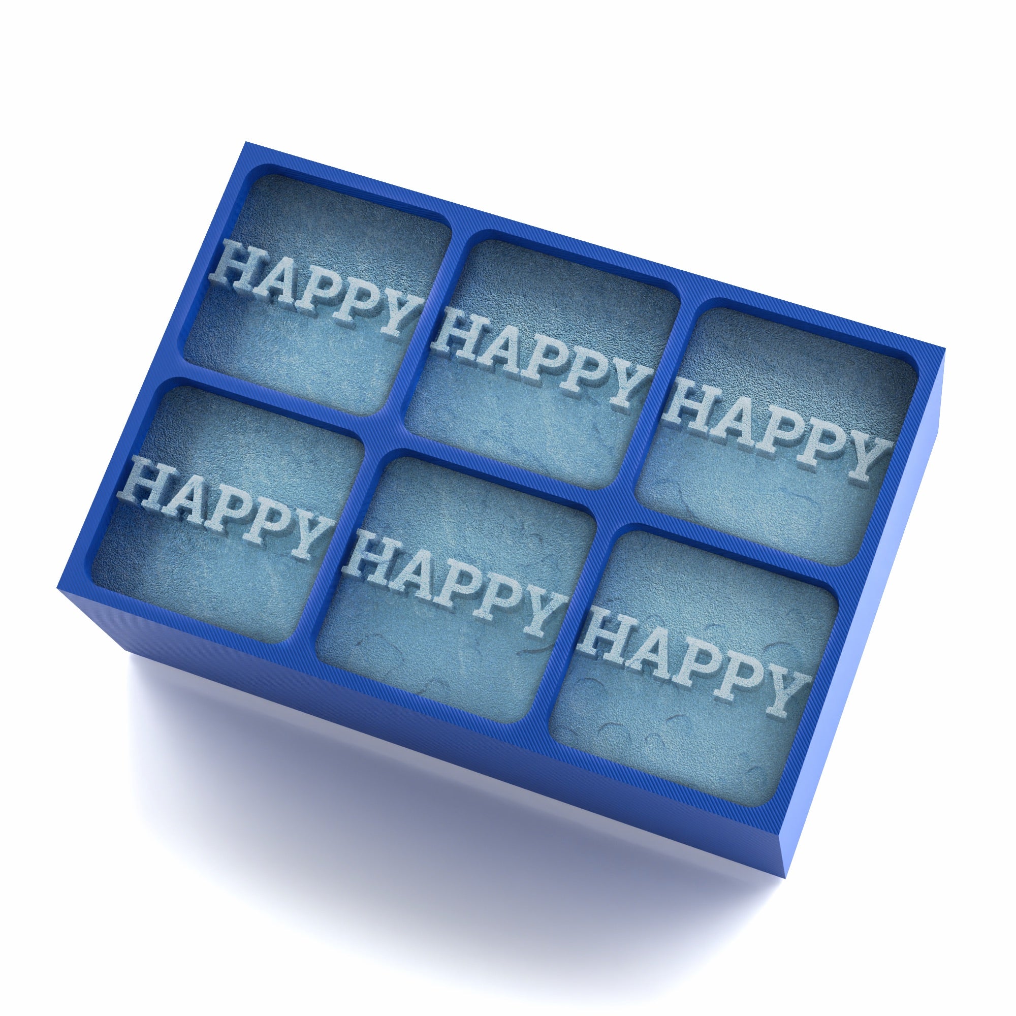 Blue personalised ice tray with HAPPY on each cube – handmade in Australia, great for birthdays or events