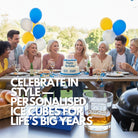 Group of people celebrating a birthday with balloons and a cake, with text overlay about personalized ice cubes.