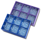 Royal-blue and violet couples monogram ice trays with raised JS and M initials, creating slow-melting custom cubes for weddings, anniversaries, Valentine’s Day or romantic gifts.