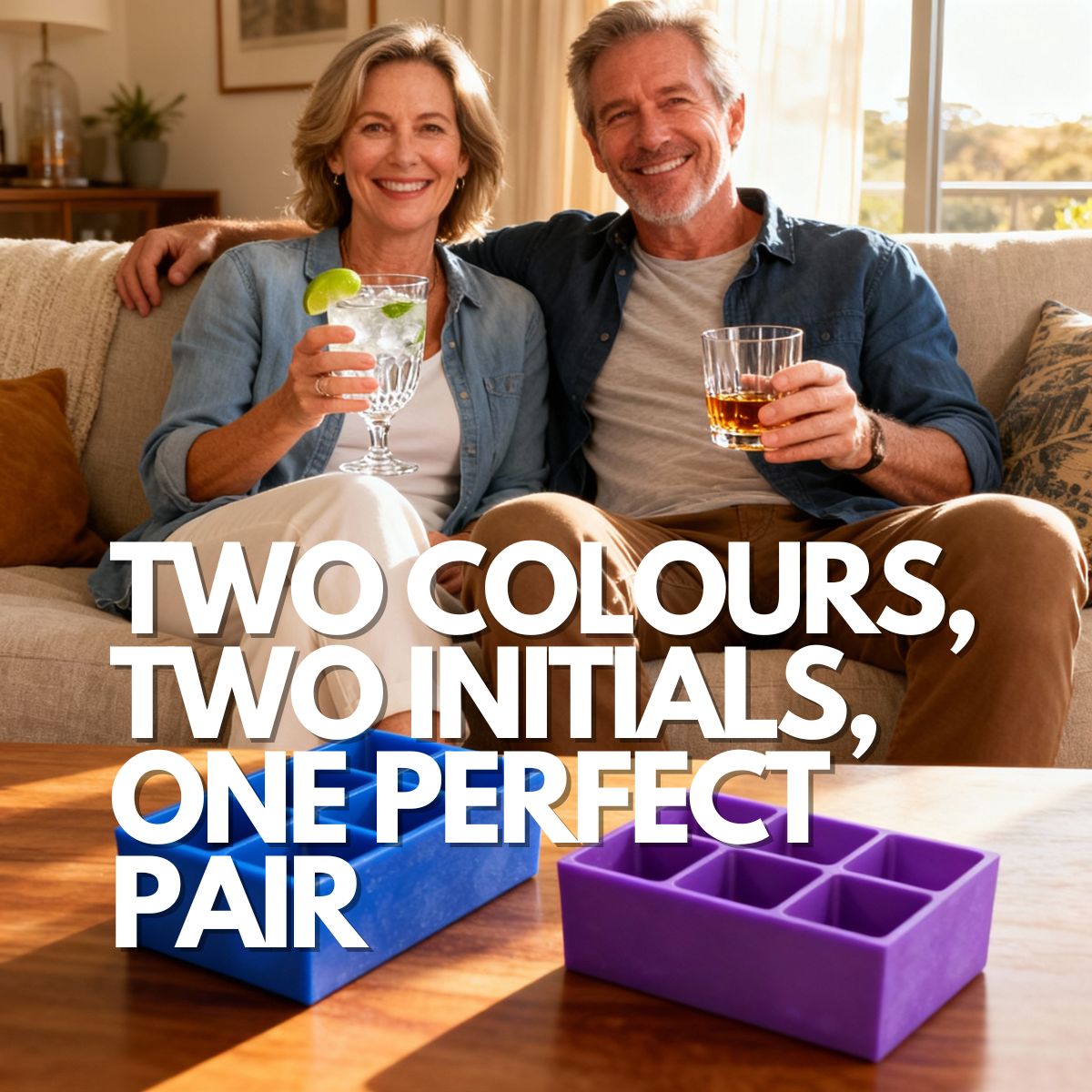 Happy middle-aged couple relaxing at home with gin and whiskey, next to two custom 6-cube ice trays in royal blue and violet purple, personalised with initials — perfect wedding, anniversary, or couples gift.