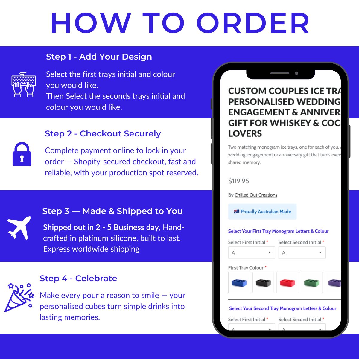Step-by-step guide on ordering custom ice trays with a smartphone screen displaying the ordering process.