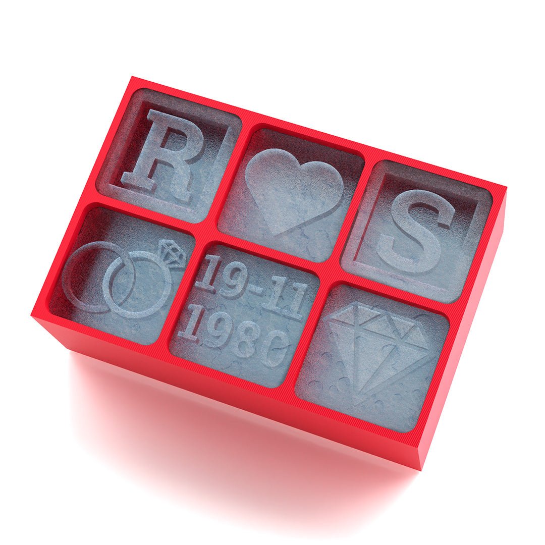 Custom Couples Ice Tray – Initials & Special Date with Diamond, Ring & Heart Icons - Chilled Out Creations