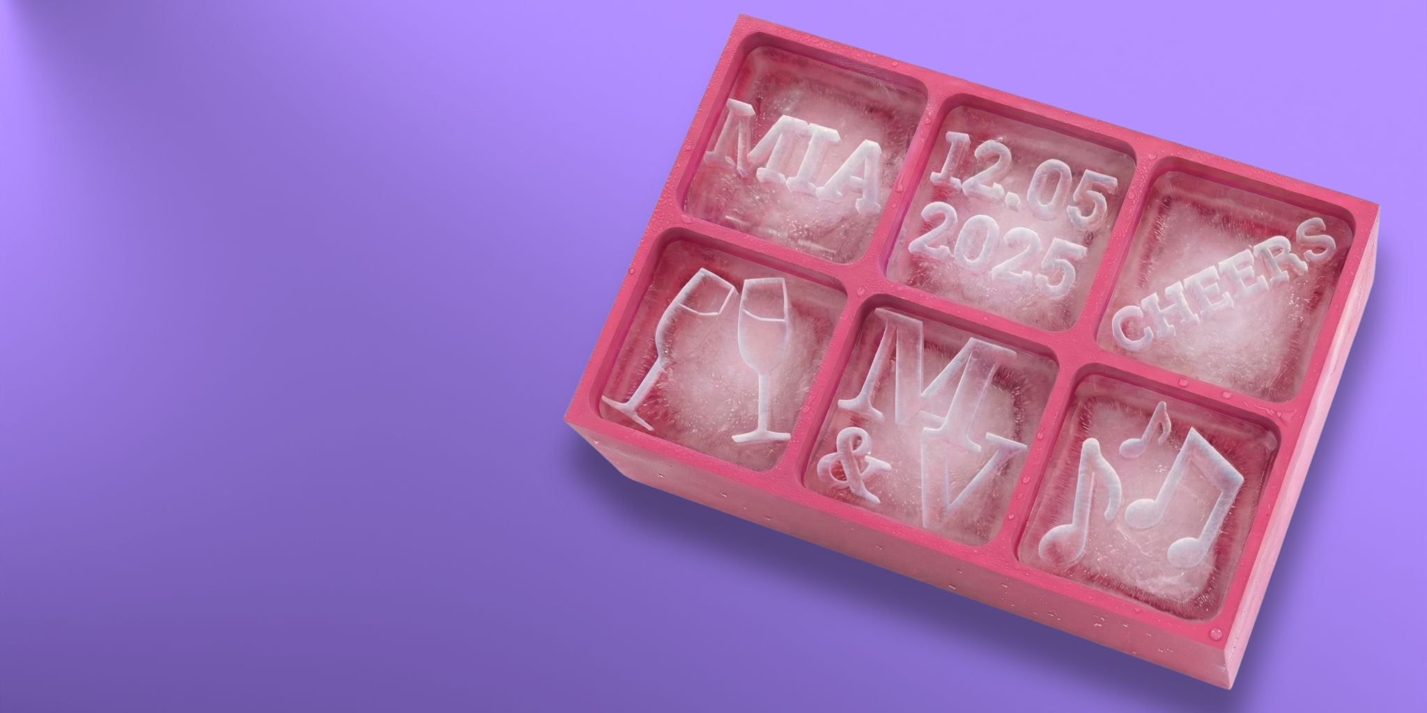 Custom personalised ice cube tray with wedding details — name, date, champagne glasses and music notes engraved in ice, pink silicone mold