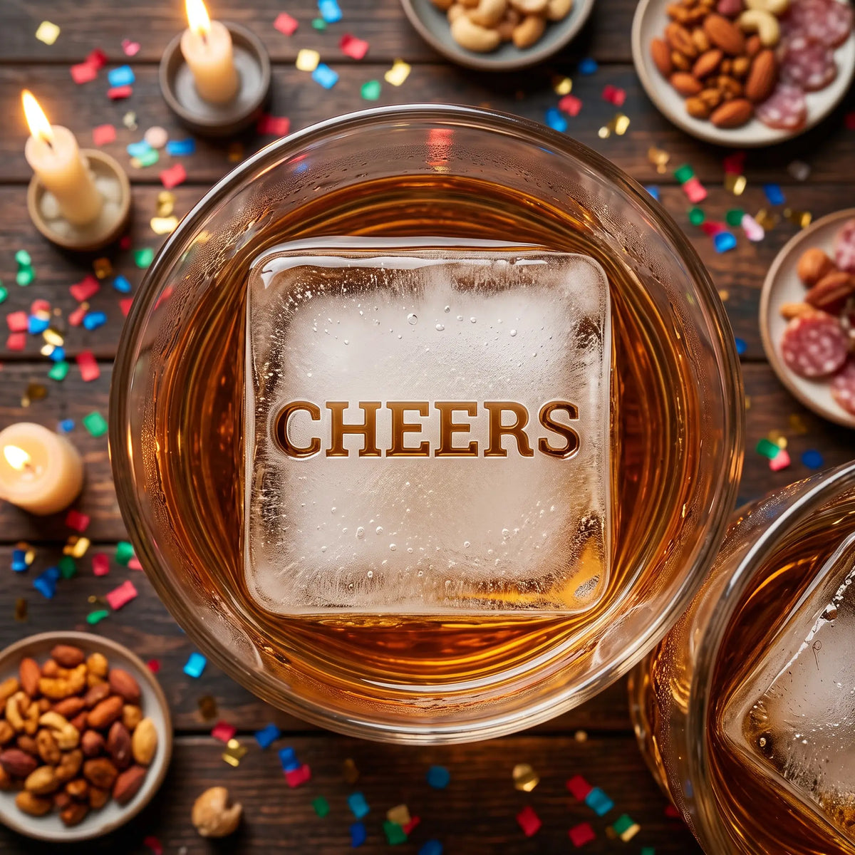 Ice cube with CHEERS etched into the top, whisky filling the letters, party table
