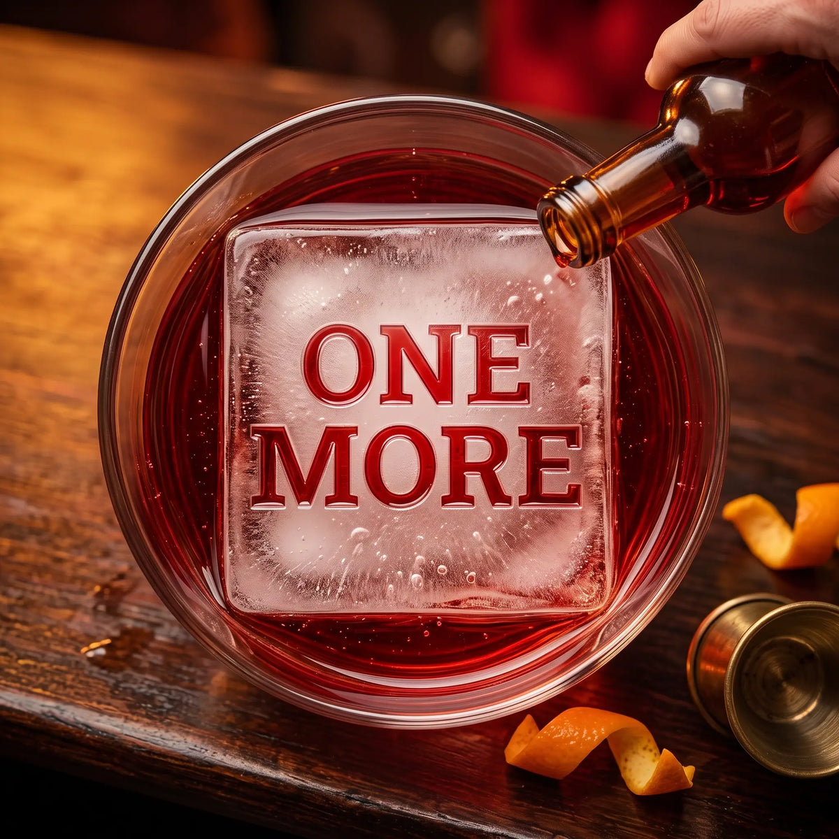 ONE MORE etched ice cube in a Negroni