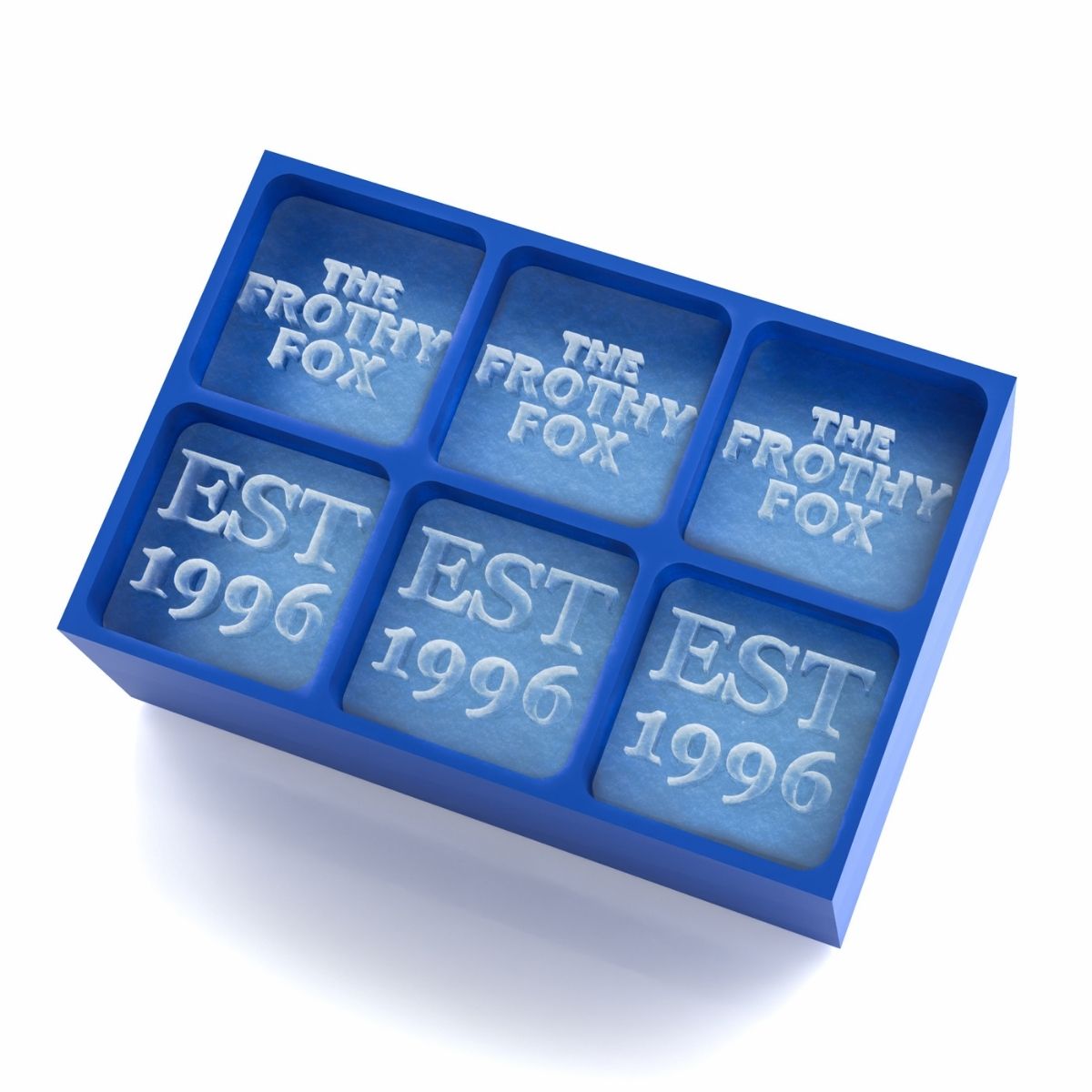 Blue silicone ice mold featuring The Frothy Fox logo and EST 1996 text, 6-cavity rectangular ice cube tray for custom branded ice cubes