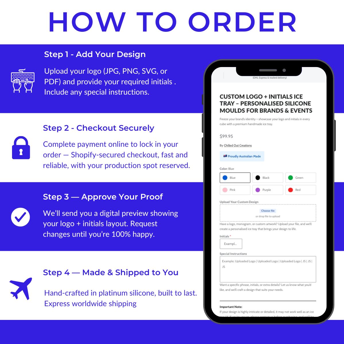 Step-by-step guide on how to order custom logo and initials ice tray with smartphone screen displaying ordering process.