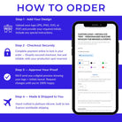 Step-by-step guide on how to order custom logo and initials ice tray with smartphone screen displaying ordering process.