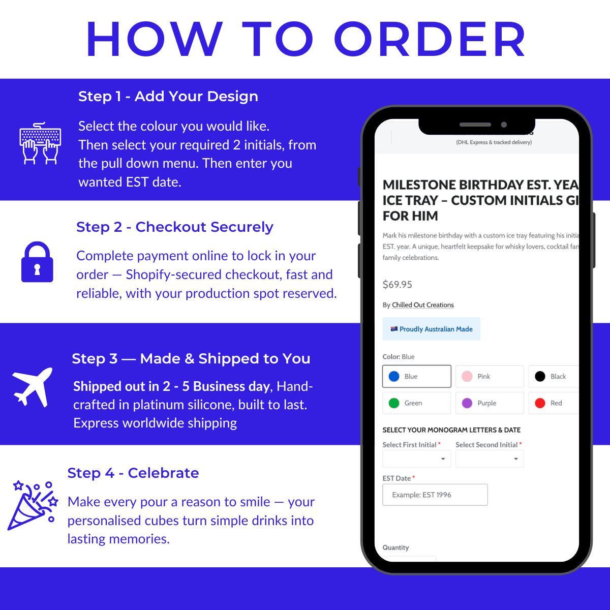 Step-by-step guide on how to order personalized items with a smartphone screen displaying an order form.