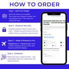 Step-by-step guide on how to order personalized items with a smartphone screen displaying an order form.