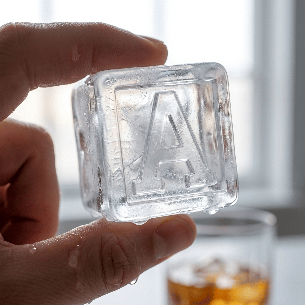 Hand holding a clear ice cube engraved with the letter A, close-up detail shot