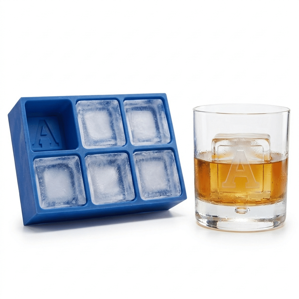 Blue Letter A ice tray next to a whiskey glass featuring a large A-embossed ice cube, bright natural light