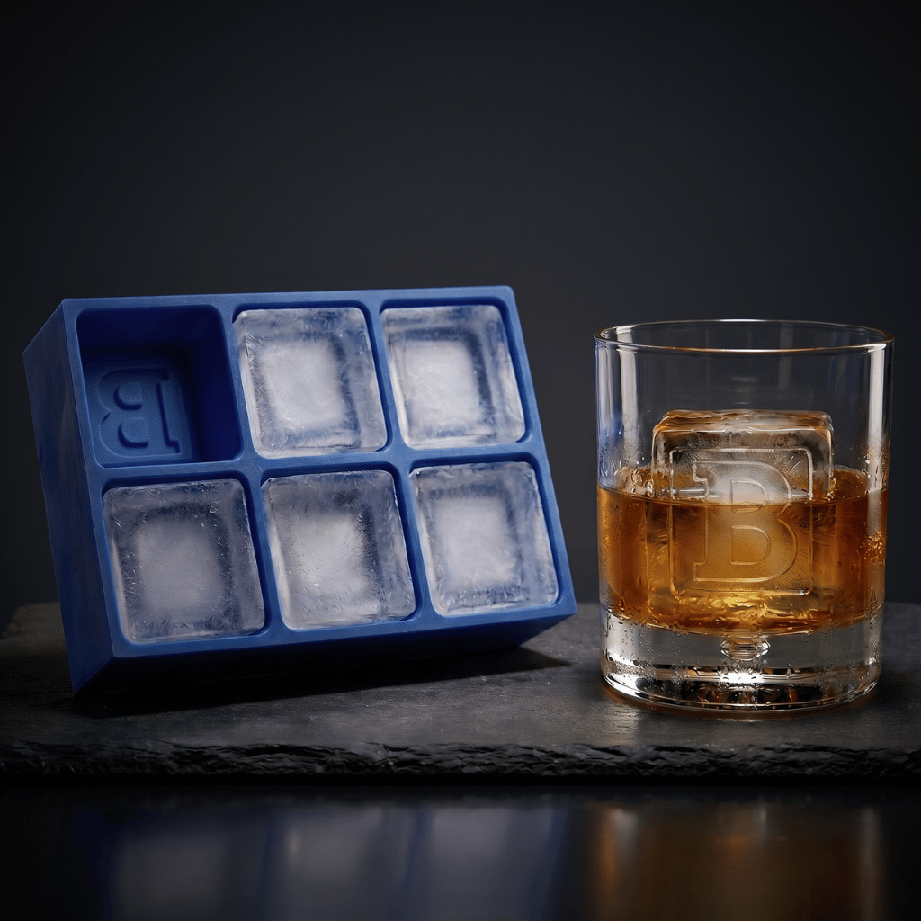 Blue Letter B ice tray beside a whiskey glass with a monogrammed B ice cube, moody bar background with bottles
