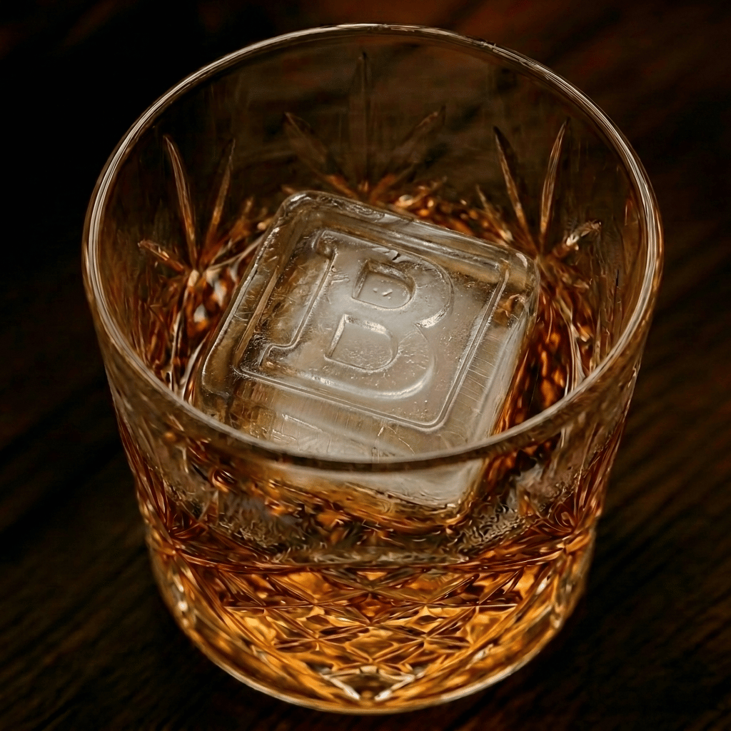 Close-up of a crystal whiskey glass with a large ice cube embossed with the letter B, warm ambient lighting