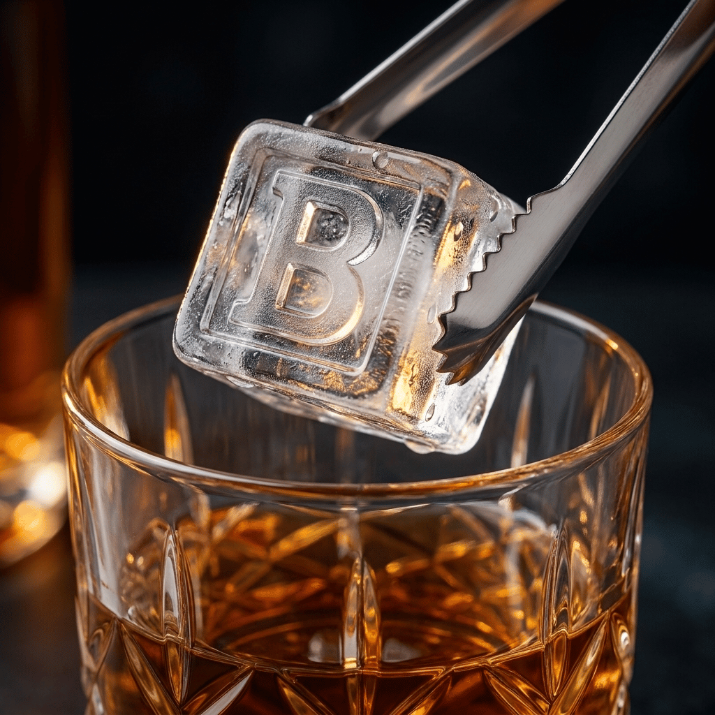 Metal tongs holding a clear ice cube engraved with the letter B above a whiskey glass