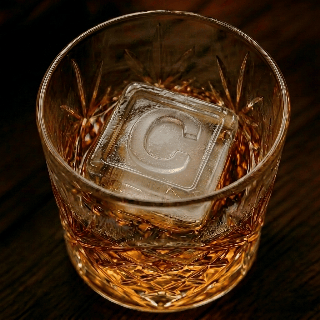 A cut-crystal whiskey glass filled with amber liquor and a large clear ice cube stamped with the letter C, set on a dark wooden surface.