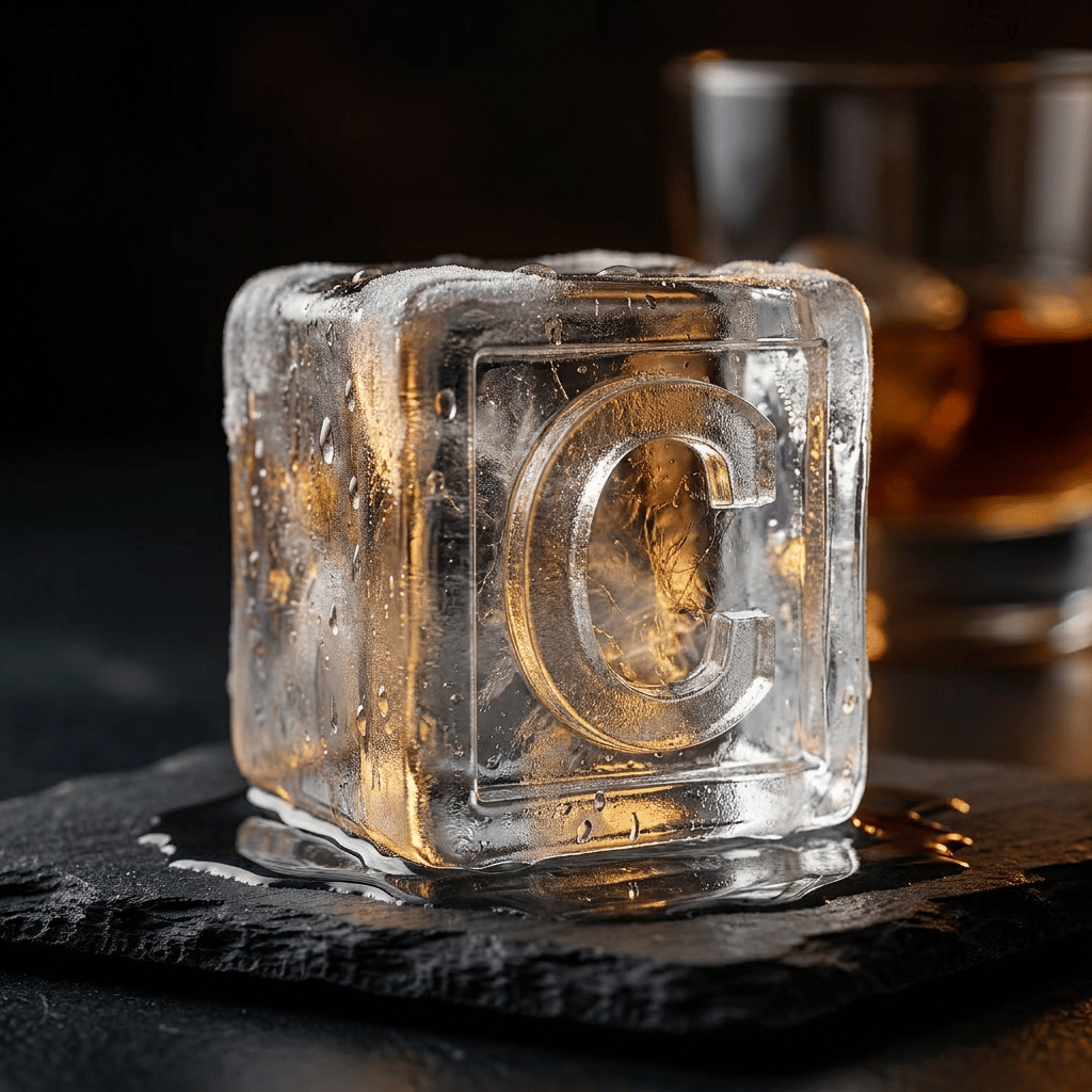 A clear square ice cube with a raised letter 'C' embossed on one side, resting on a dark slate surface with a blurred amber drink and dark background.