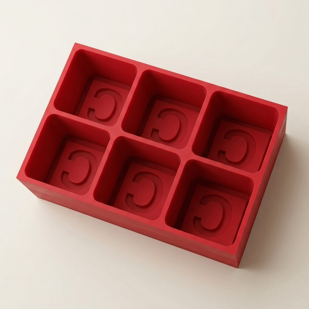 Red silicone Letter C ice cube tray, 6-cavity mould with bold monogram C design
