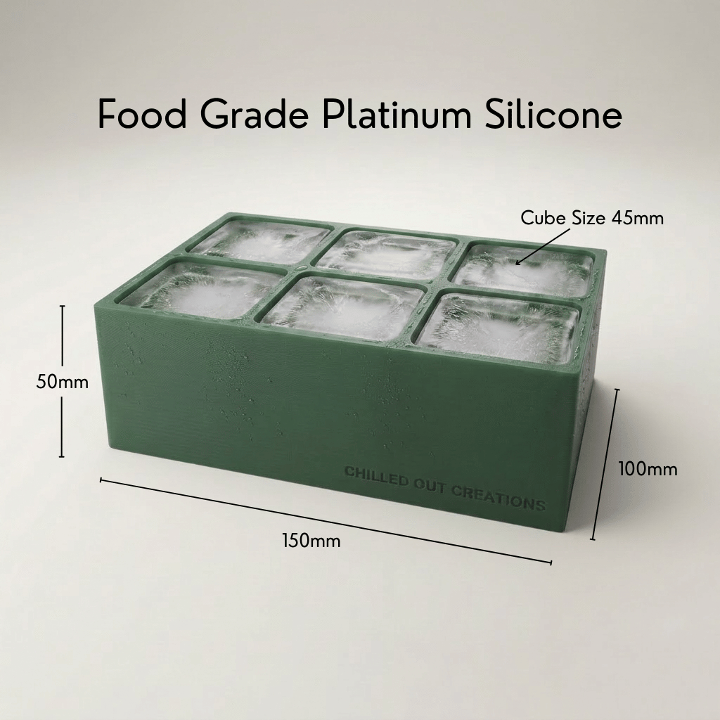 Green Letter D ice tray shown in its food-grade platinum silicone retail packaging