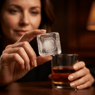 A woman holds a clear square ice cube with a raised letter 'D' above a glass of amber liquor on a dark wooden table.
