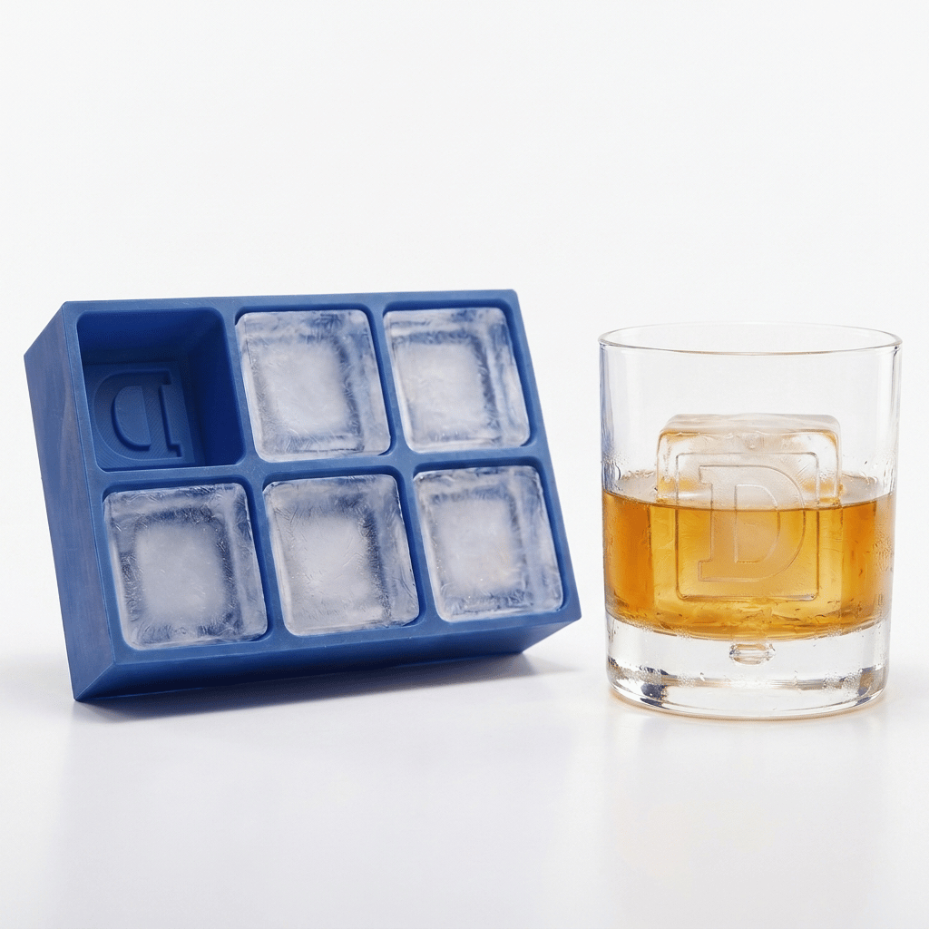 A blue silicone ice cube tray with six compartments sits next to a clear rocks glass filled with an amber drink and a large square ice cube, on a white background.