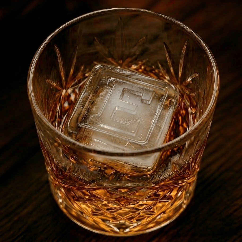 A cut-crystal whiskey glass filled with amber liquor and a large clear ice cube stamped with the letter E, set on a dark wooden surface.