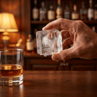 A hand holds a clear, geometrically patterned ice cube with a small drop of water dripping from it, set against a warm, blurred bar background with a whiskey glass on the table.